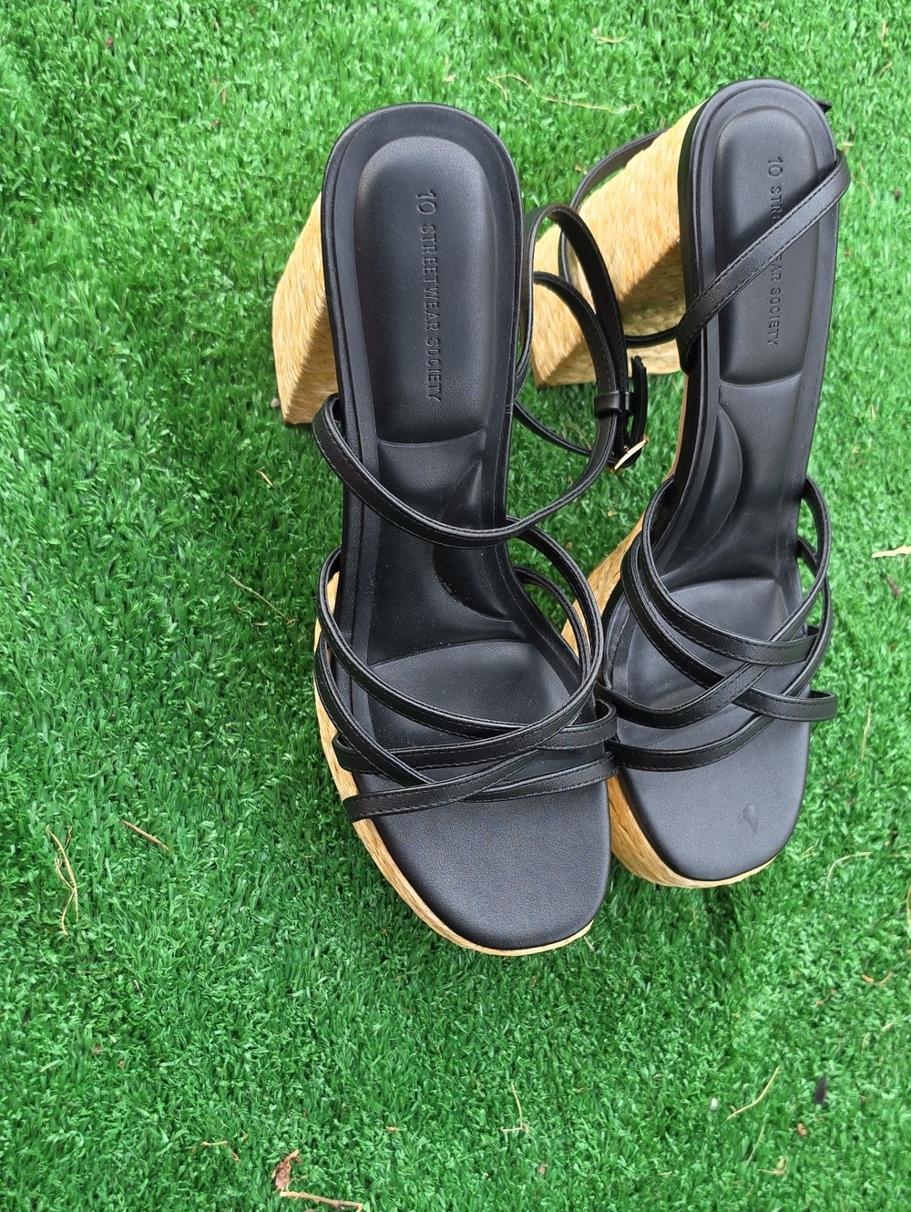 Strappy Black Wedge Sandals with Natural Woven Heel